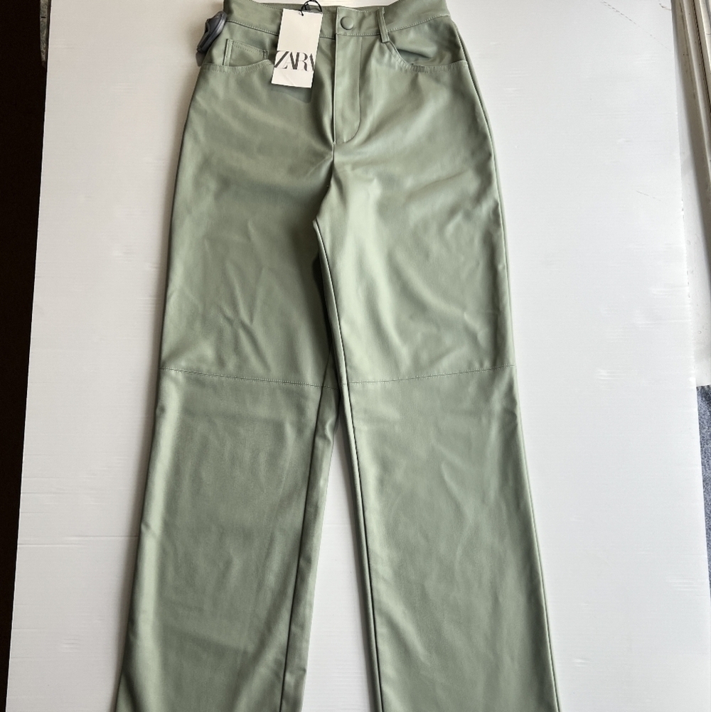 ZARA WOMAN NWT SS22 SEA GREEN FAUX LEATHER STRAIGHT LEG PANTS SIZE S 9640/023